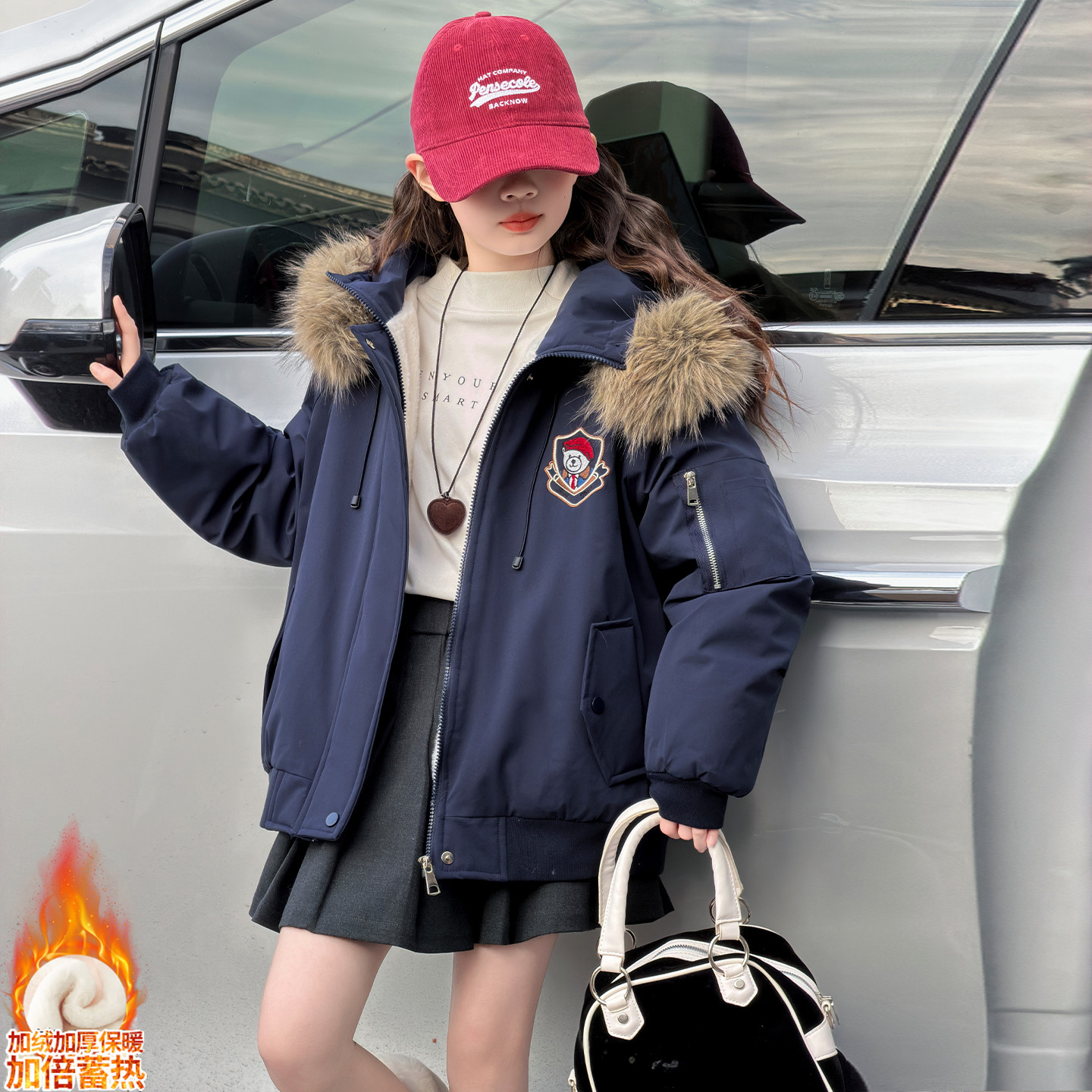 女童加绒冬装毛领派克服洋气大童加厚棉服儿童棉衣外套2026新款潮