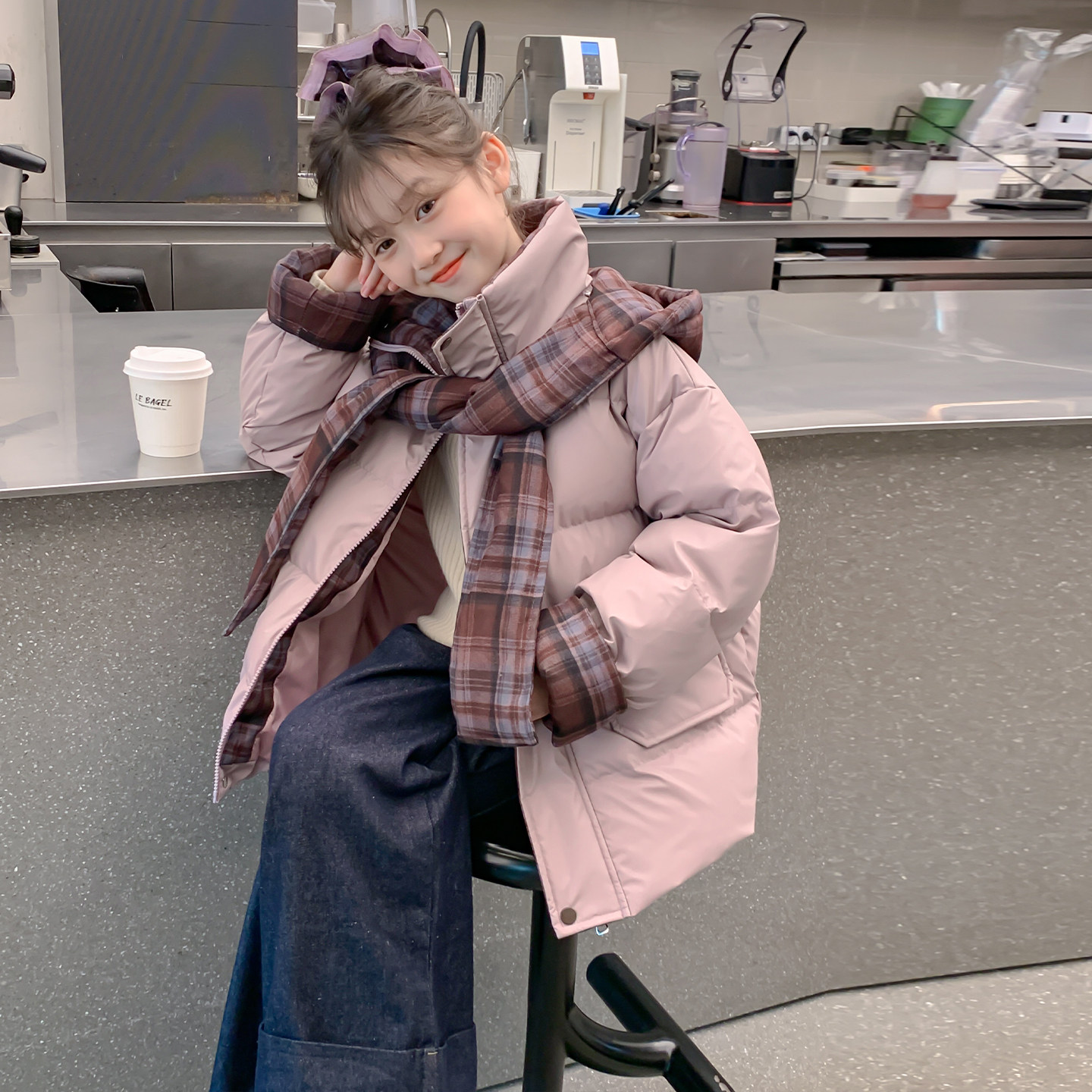 女童棉衣2026冬季新款韩版洋气格子拼接棉服中大儿童加厚棉袄外套