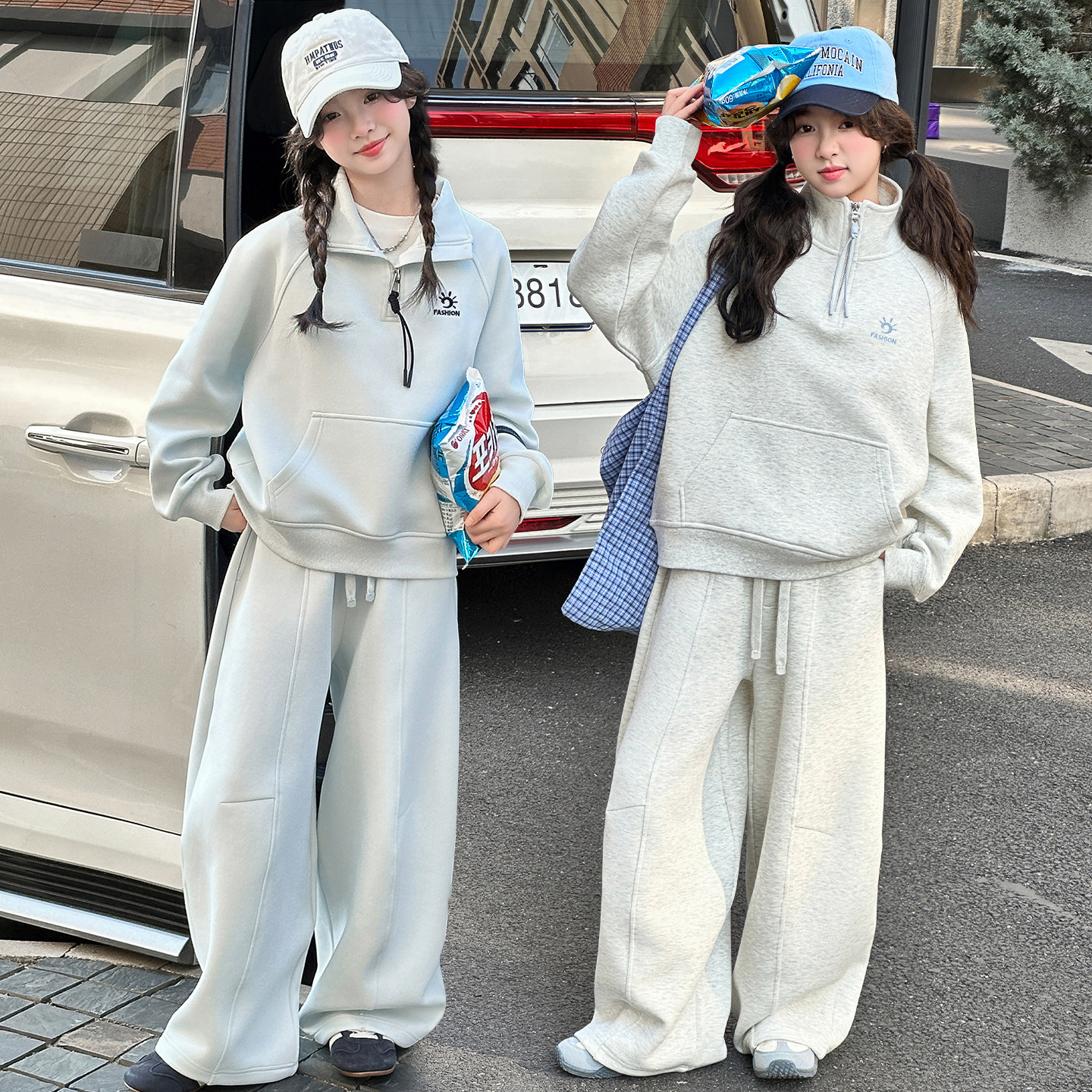 女童运动风半拉链卫衣套装春秋2026新款洋气时髦儿童阔腿裤两件套