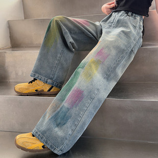 女童裤子彩虹彩绘2025新款春秋款大童网红洋气时髦儿童牛仔阔腿裤