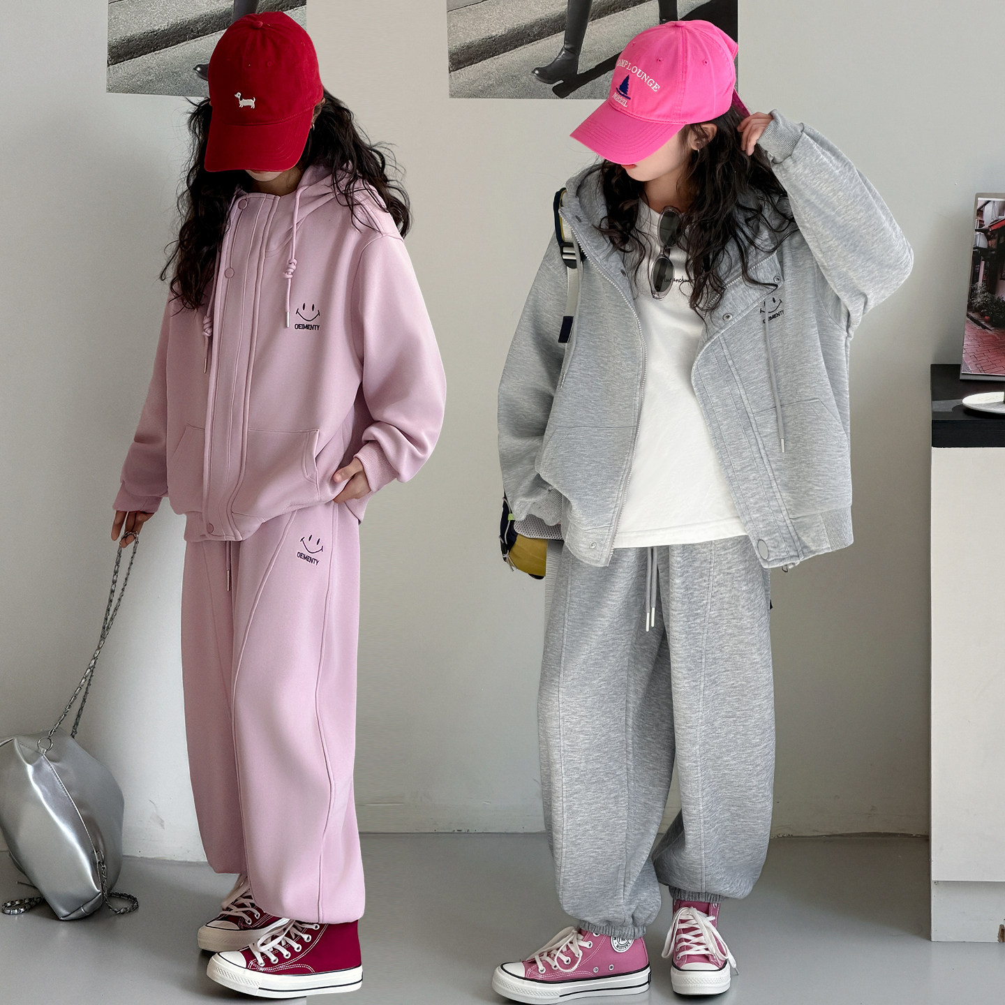 女童春秋休闲套装韩系笑脸刺绣连帽外套运动裤两件套大童儿童春装