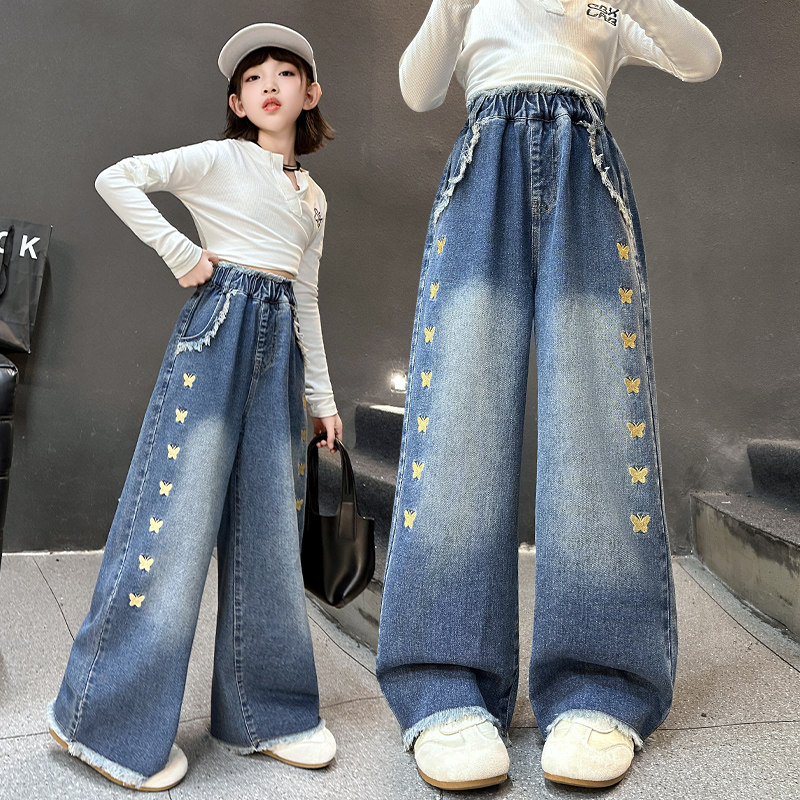 女童蝴蝶刺绣阔腿牛仔裤春秋2026新款宽松直筒中大童休闲儿童裤子