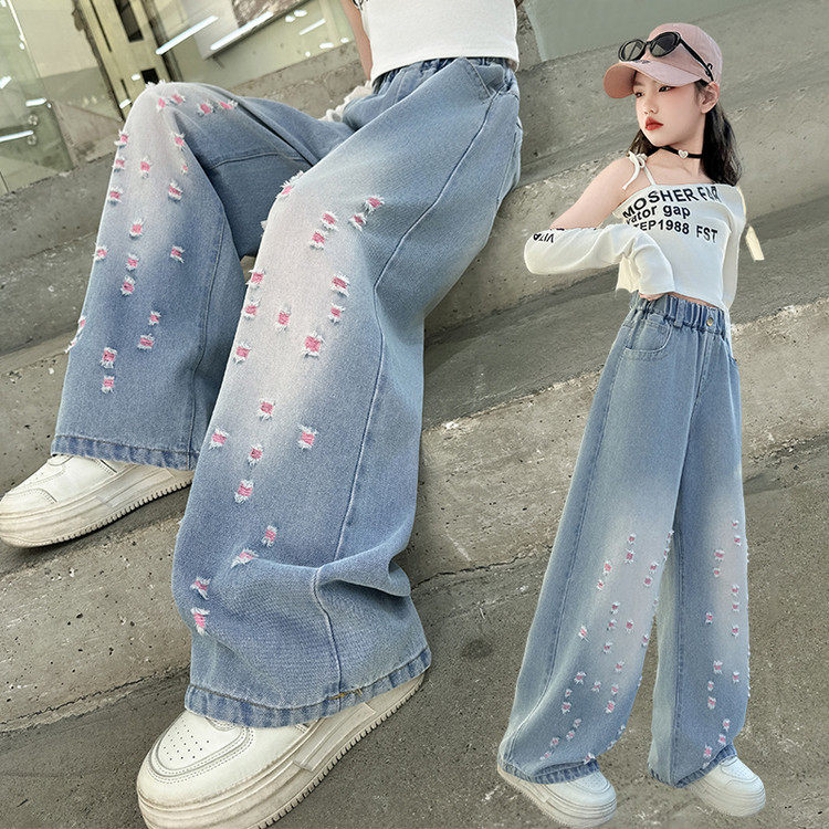 女童裤子春秋款破洞2026新款洋气时髦女孩宽松直筒儿童阔腿牛仔裤