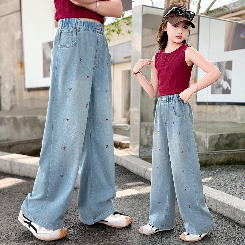 女童天丝阔腿牛仔裤夏季薄款2026新款中大童洋气儿童宽松直筒裤子