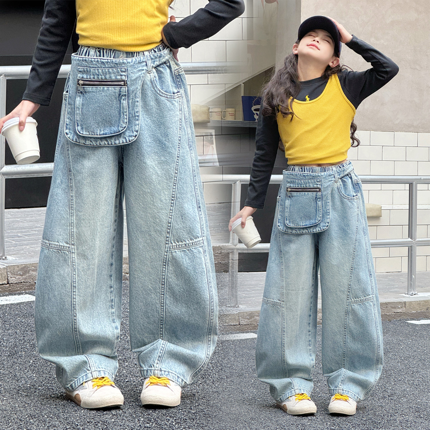 女童宽松阔腿牛仔裤2026新款洋气春装中大童韩系休闲潮酷弯刀裤子