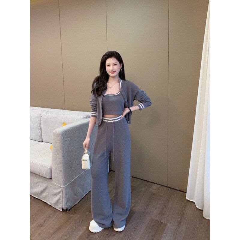 7814韩系慵懒风休闲百搭少女感针织外套/背心/长裤套装时髦三件套