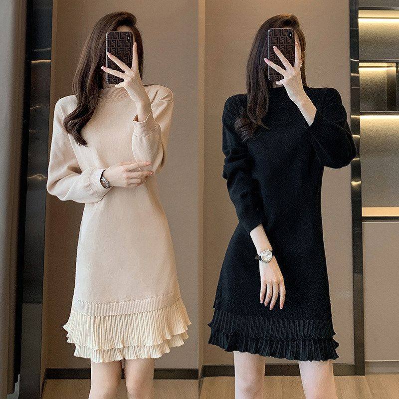 6860欧货小香风荷叶边假两件针织裙秋装新款显瘦打底直筒连衣裙女