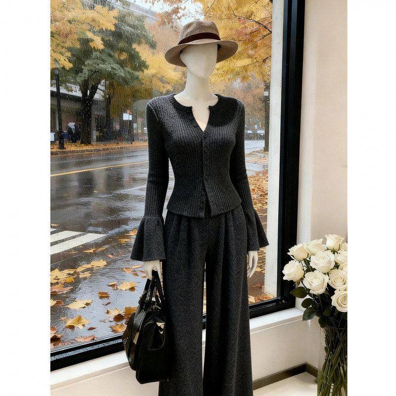 7781法式针织显瘦套装秋冬新款收腰纽扣开衫长裤两件套喇叭袖气质,女装/女士精品,时尚套装,淘宝优惠券,粉丝福利购,淘宝优惠卷