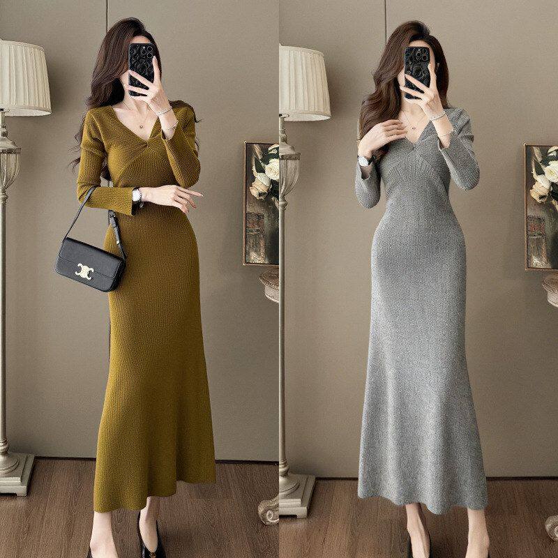 7721法式高级感V领螺纹针织连衣裙秋冬新款轻熟风修身显瘦包臀裙