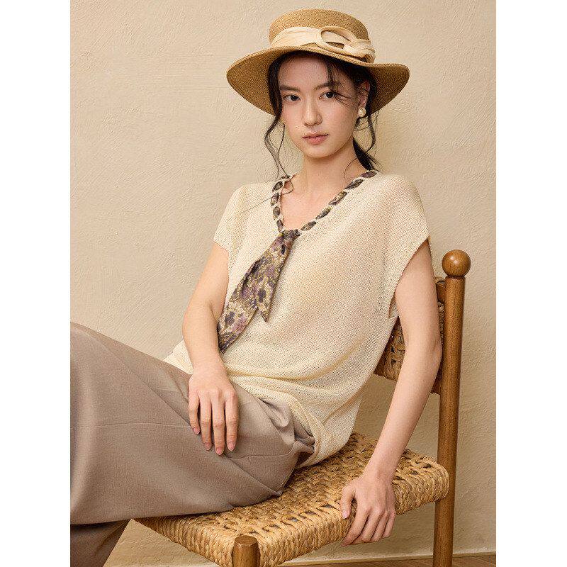 7925-2碎花丝巾系带V领针织坎肩女夏季落肩无袖透气薄款背心上衣