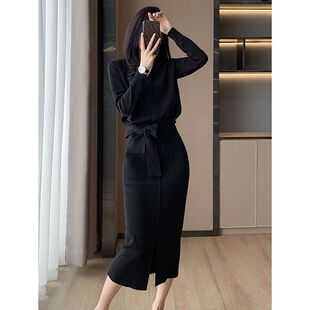 6787辣妹轻奢感职场通勤OL系带衬衫 开叉半身裙两件套女 针织裙秋装