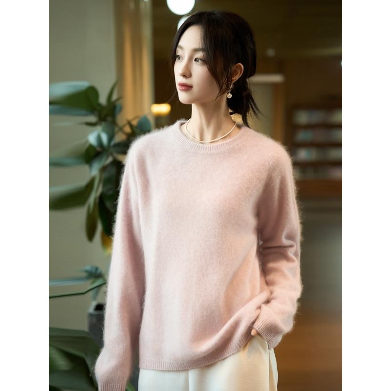 秋冬圆领花纱拉绒羊毛衫女宽松显瘦亲肤软糯羊毛长袖针织上衣打底