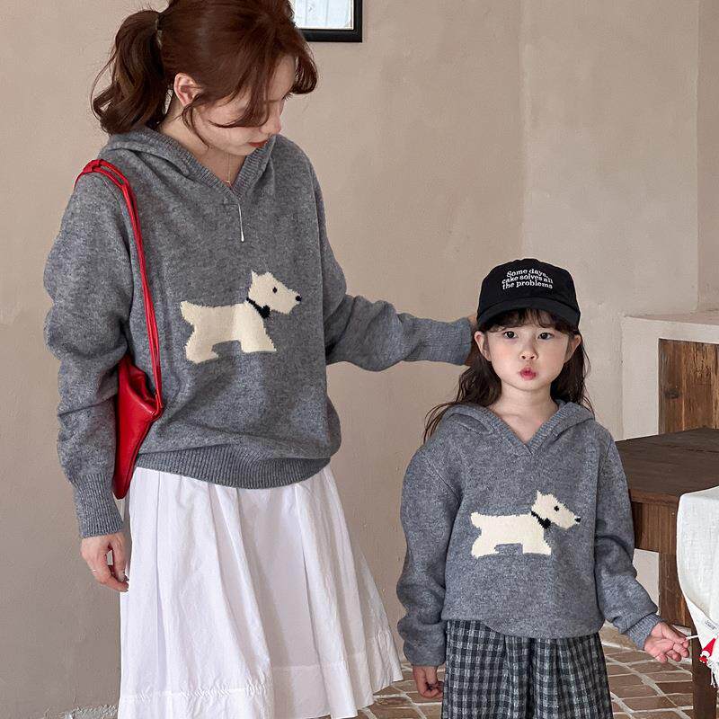 七针加厚针织帽衫母女亲子装套头毛衣可爱刺绣撞色小狗内搭打底潮