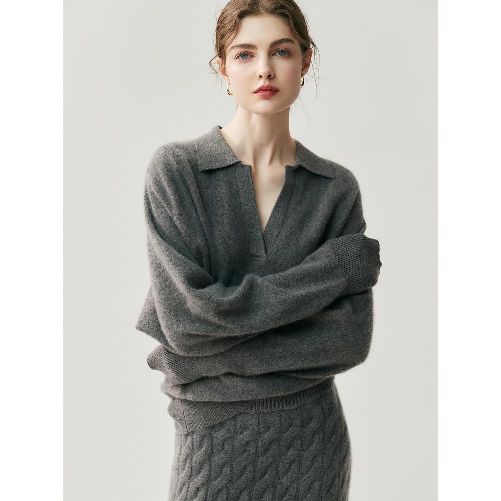 C*S同款 轻奢法式老钱风 山羊绒女士V领Polo长袖毛衣宽松慵懒范