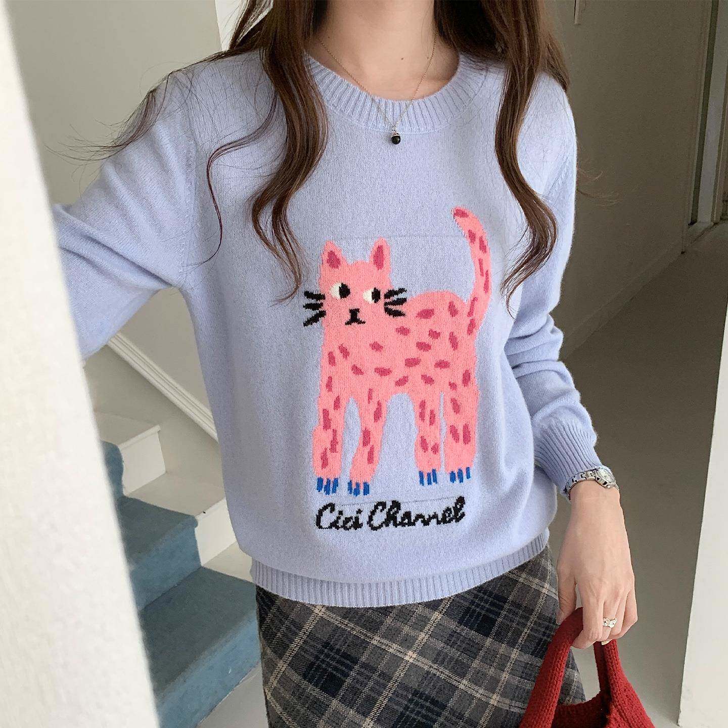 女式毛衣100纯羊毛打底衫经典圆领内搭秋冬新款招财猫咪提花设计
