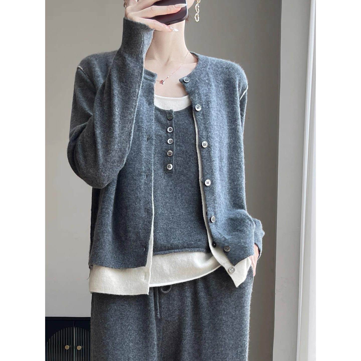 %纯羊毛衫短款假两件开衫圆领撞色没有气质休闲针织衫绒DMR295