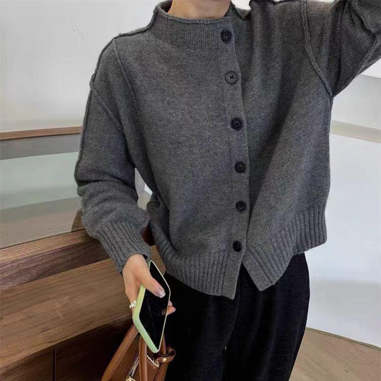 复古不规则立领100%纯羊毛针织开衫女式宽松时尚外套长袖纯色毛衣
