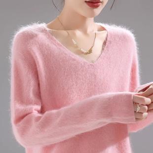 100%拉绒山羊绒+绵羊毛无缝一体亲肤柔软针织拉绒圆V领宽松打底衫