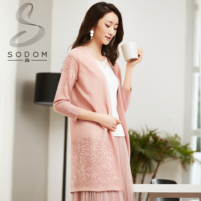SODOM舜春夏新品女装粉红百搭钩花印花亮丝开衫针织外套
