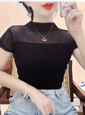 黑色网纱亮丝蕾丝拼接短袖上衣女夏高领修身打底衫