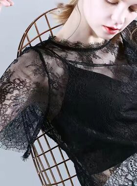 黑色蕾丝上衣女短袖镂空勾花修身薄款内搭性感打底衫