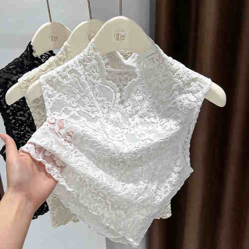 v领花边杏色蕾丝打底衫内搭秋冬无袖有领假领子百搭女高档衬衫女