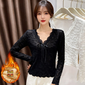 保暖内搭V领网纱长袖 秋冬季 t恤上衣 女2025新款 加绒加厚蕾丝打底衫