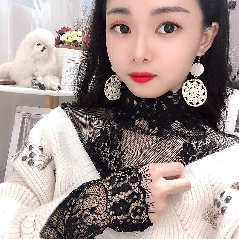 黑色雪纺女蕾丝衫女长袖秋季洋气镂空韩版中长打底衫很仙上衣显瘦