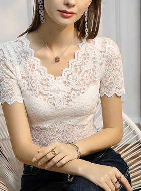 2024夏季低领蕾丝短袖打底衫女V领性感镂空洋气内搭半袖上衣小衫
