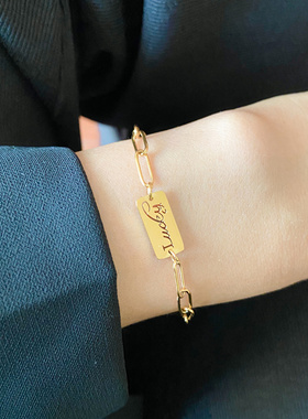 小众方牌钛钢18k金欧美风手链