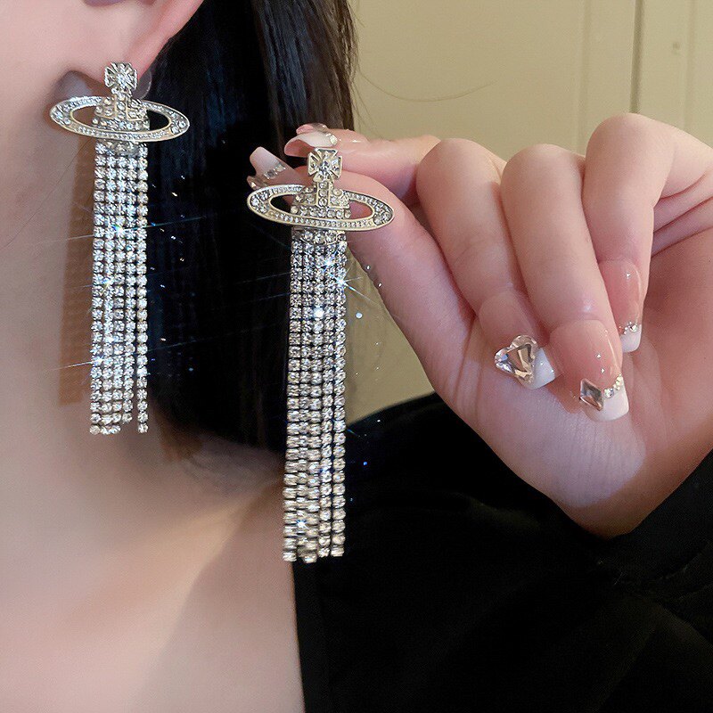欧美个性时尚满钻闪亮长款流苏耳环 性感银针小众高级感耳钉耳坠