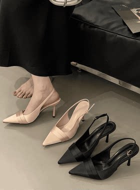时装绸缎细跟凉鞋女2026夏季法式尖头气质一字带配裙子小众高跟鞋