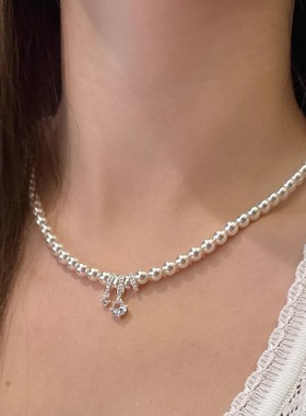 不对称锆石双子星珍珠项链百搭ins风高级感氛围感芭蕾风简约项链