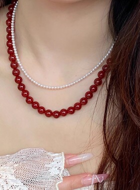 7A天然红玛瑙珠串项链女新年红色珠子高级感锁骨链毛衣链配饰链