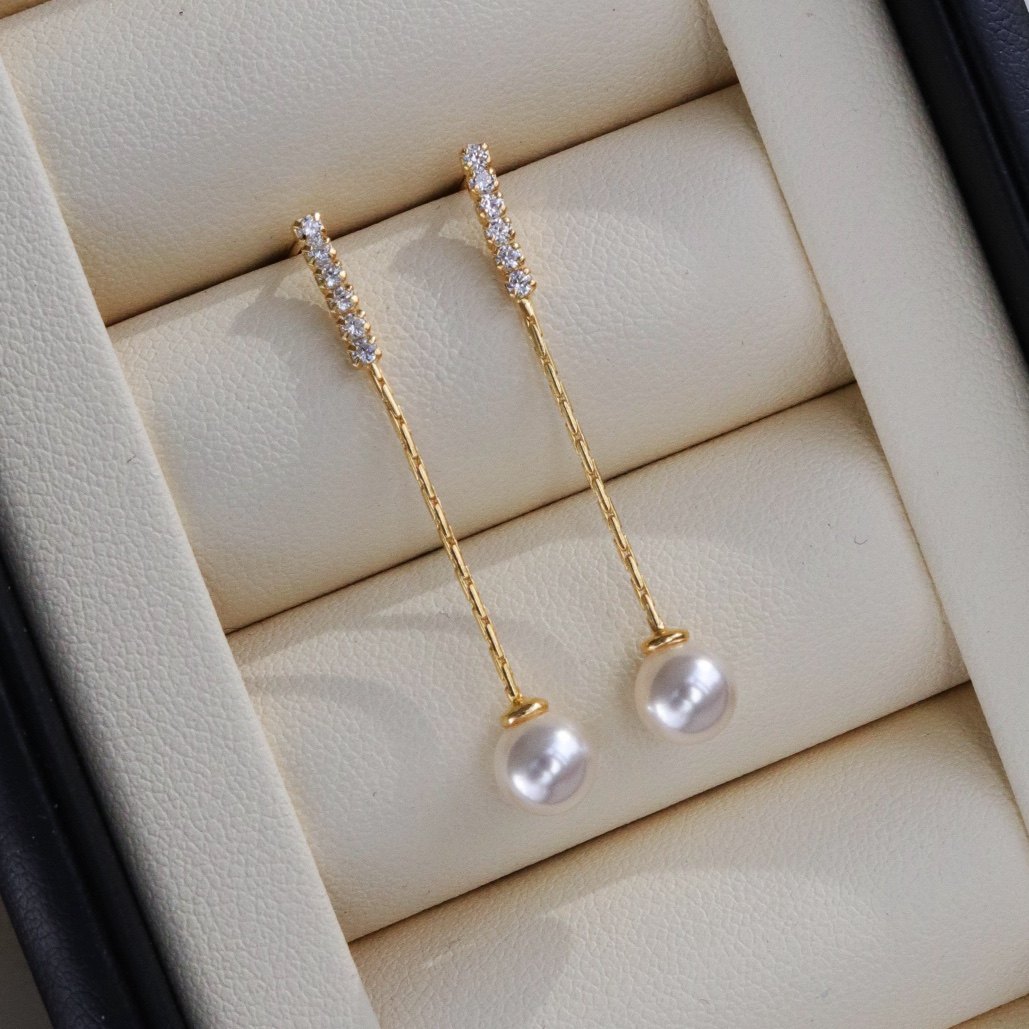 江南细雨 长款流苏耳线akoya天然淡水珍珠925纯银珍珠耳饰耳钉