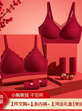 红色内衣女士套装本命年女蛇结婚新娘小胸聚拢显大上托文胸罩礼盒