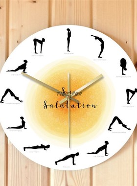 Surya Namaskar序列瑜伽姿势剪影现代挂钟瑜伽工作室装饰时钟墙钟