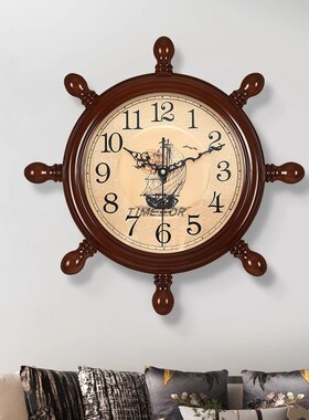 创意舵手美式挂钟客厅家用地中海装饰船舵时钟表轮船方向舵挂墙钟