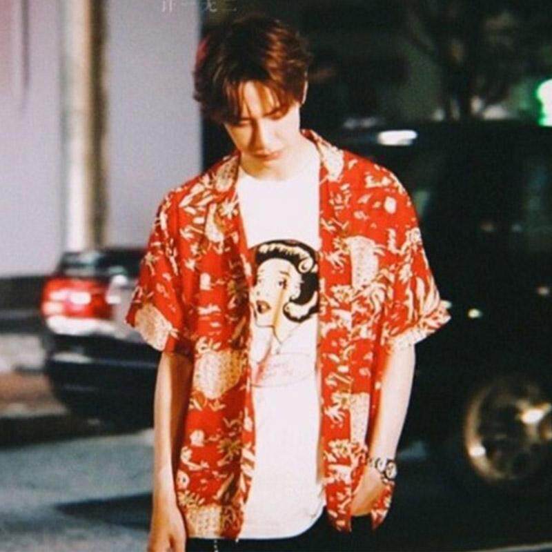 王一博同款花衬衫男女夏季港味复古短袖红菠萝度假风情侣半袖衬衣