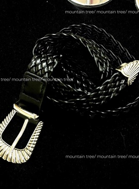 新款黑色编织西部复古皮革腰带免打孔皮带