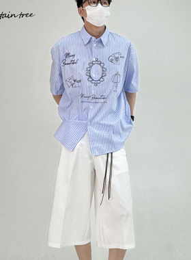 mountain tree蓝色美式复古潮流印花条纹衬衫日常百搭短袖上衣