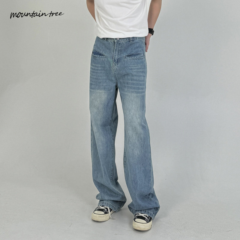 做旧复古水洗插袋设计直筒牛仔裤男女宽松拖地阔腿长裤