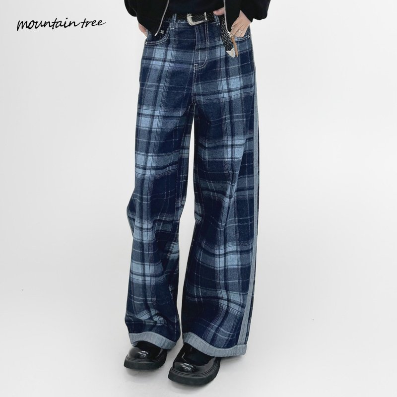 美式复古格纹撞色拼接牛仔裤男宽松显瘦垂感休闲阔腿长裤裤子,男装,牛仔裤,淘宝优惠券,粉丝福利购,淘宝优惠卷