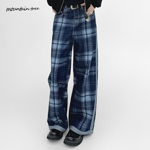 裤 男宽松显瘦垂感休闲阔腿长裤 子 复古格纹撞色拼接牛仔裤 美式