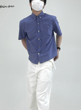 mountain tree短款cleanfit复古格纹廓形格子短袖衬衫男百搭春夏