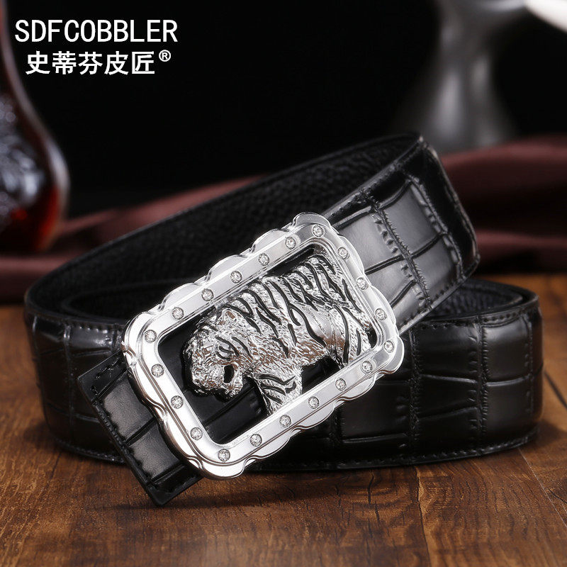 史蒂芬皮匠真皮鳄鱼纹皮带男生肖虎头镶钻青年个性头层牛皮裤腰带
