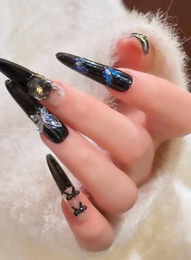 长款纯手工黑色蝴蝶结细狗美甲纯手工穿戴甲甲片成品美甲贴可拆卸