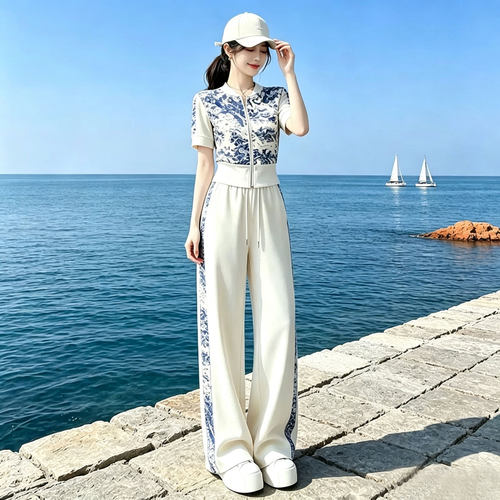 欧洲站运动套装女2026新款夏季气质减龄设计感立领开衫短袖两件套