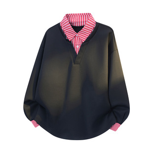 加肥加大码假两件套polo衫翻领卫衣外套男款夏季情侣装长袖T恤男