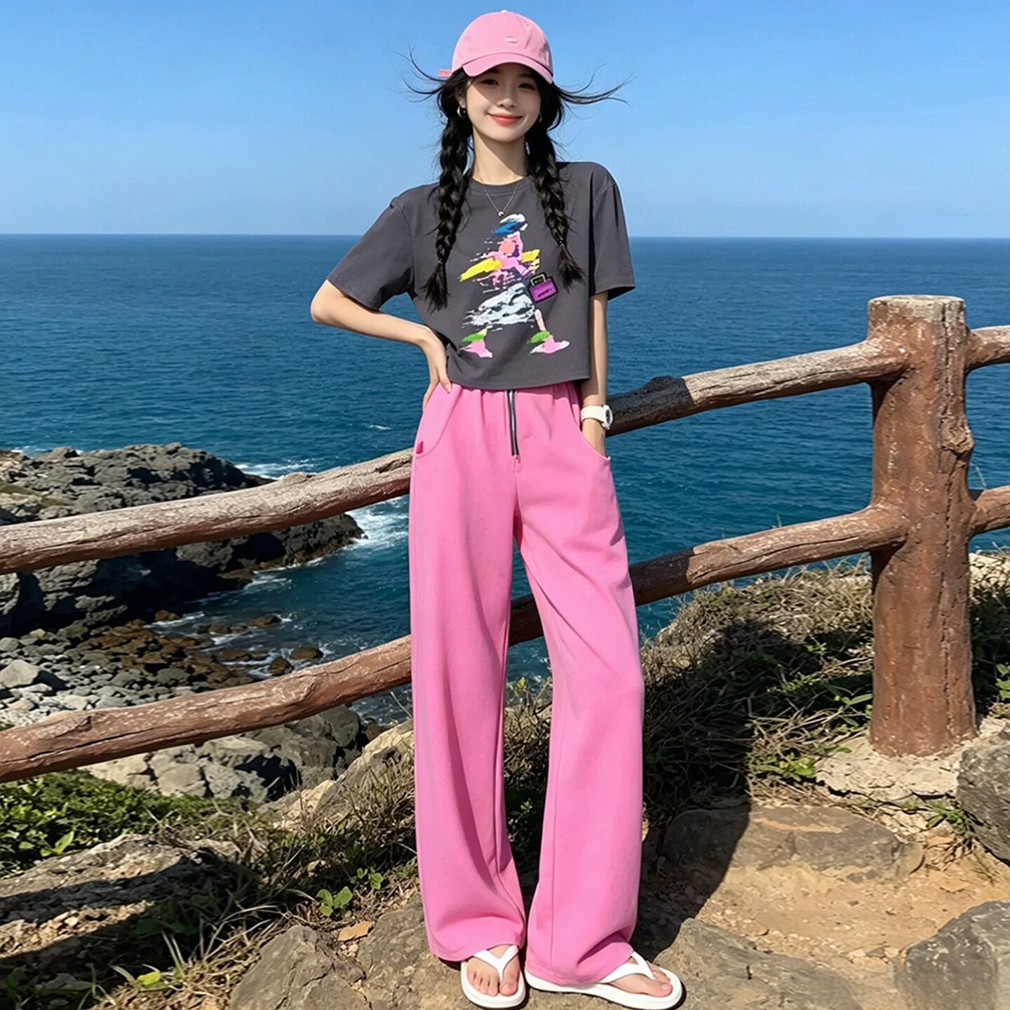 柔美俏皮风休闲运动套装女夏季减龄印花短T恤阔腿裤小个子两件套